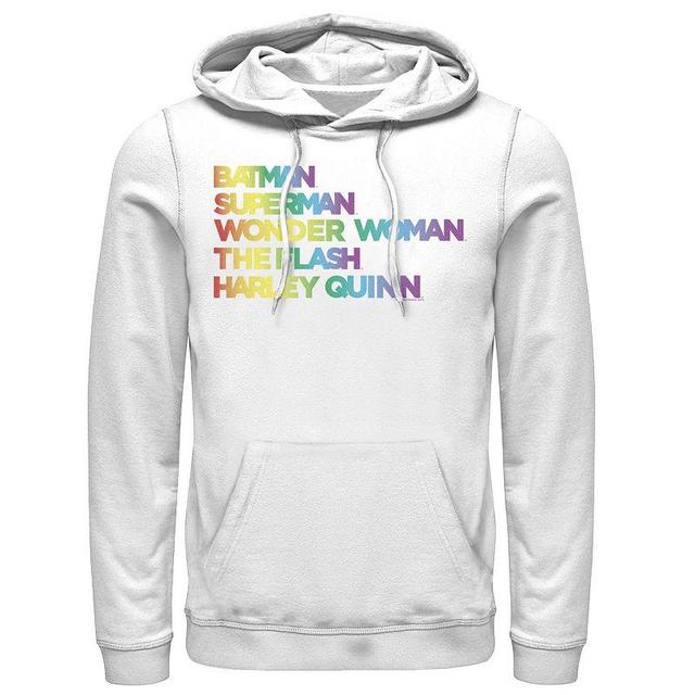 Mens Justice League Member Graidient Rainbow Word Stack Hoodie Product Image