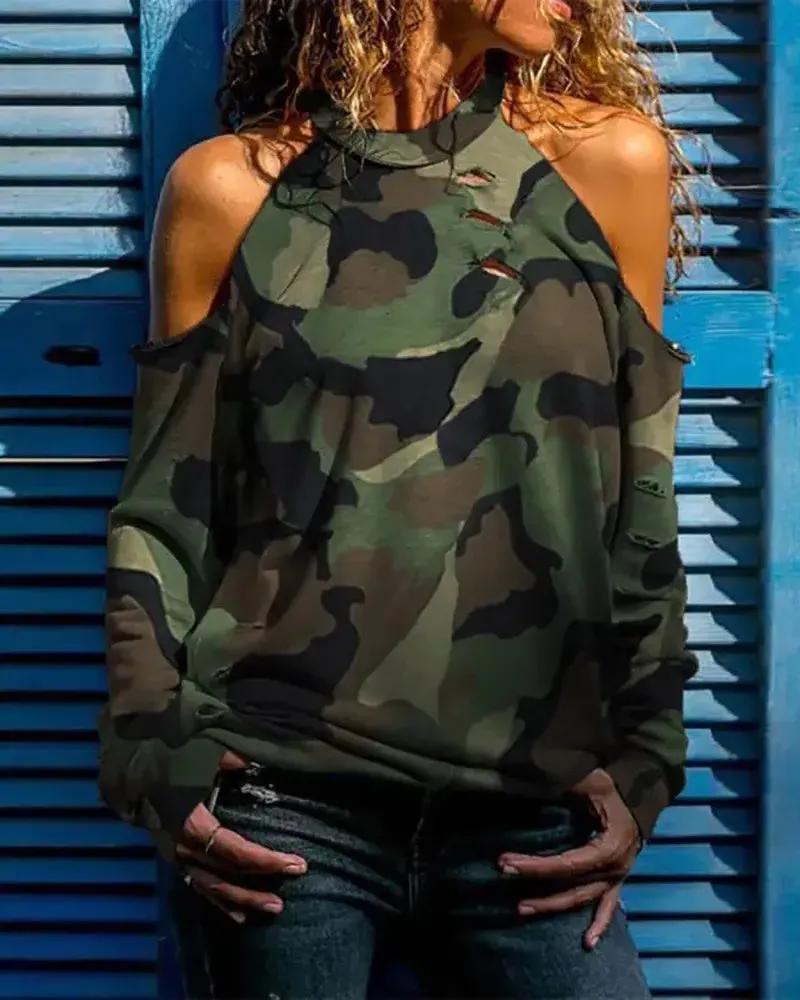 Olivia Mark – Casual Camouflage Off-the-Shoulder Top Product Image