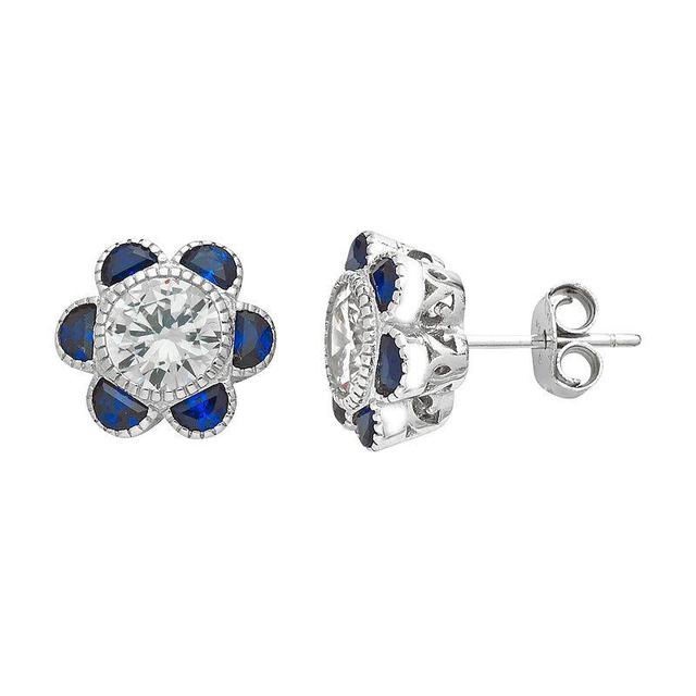 Sterling Silver Cubic Zirconia & Lab-Created Blue Spinel Flower Stud Earrings, Womens Product Image