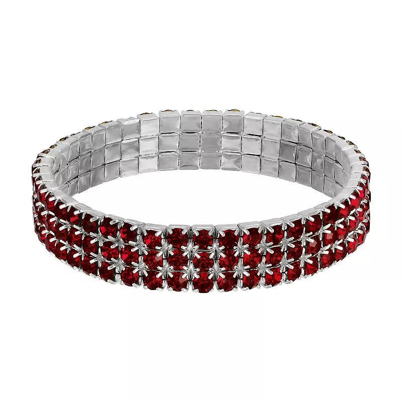 1928 Silver Tone Red 3-Row Rhinestone Stretch Bracelet, Womens Product Image