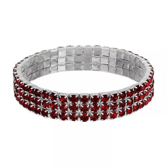 1928 Silver Tone Red 3-Row Rhinestone Stretch Bracelet, Womens Product Image