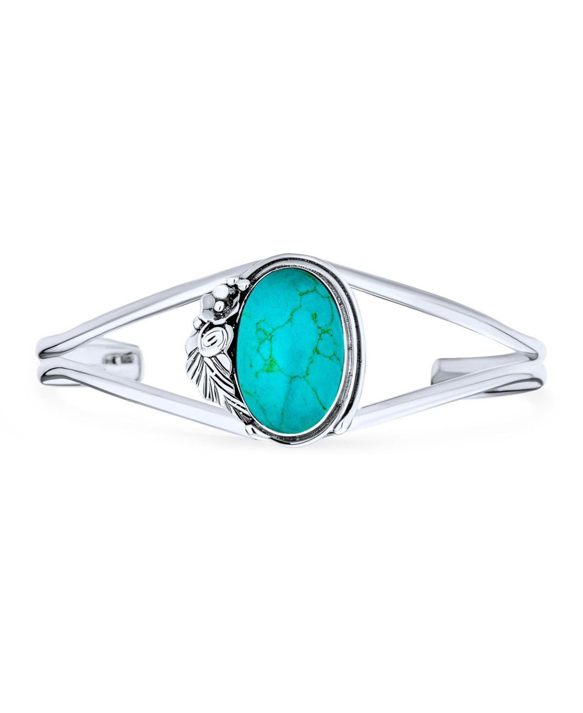 Bling Jewelry Nature Leaf Flowers Round Cabochon Statement Natural Turquoise Wide Cuff Bracelet For Women Sterling Silver Product Image