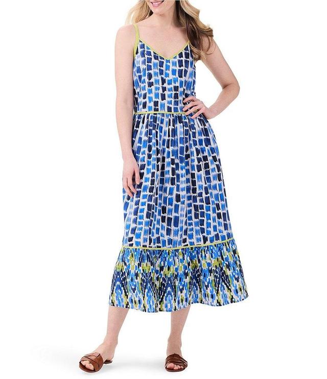 NIC + ZOE Woven Brushstroke Print V-Neck Sleeveless Tiered Ruffle A-Line Midi Dress Product Image