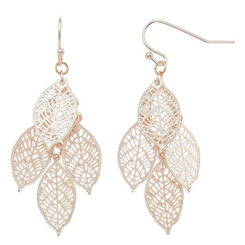 LC Lauren Conrad Rose Gold Tone Leaf Layer Nickel Free Drop Earrings, Womens, Pink Product Image