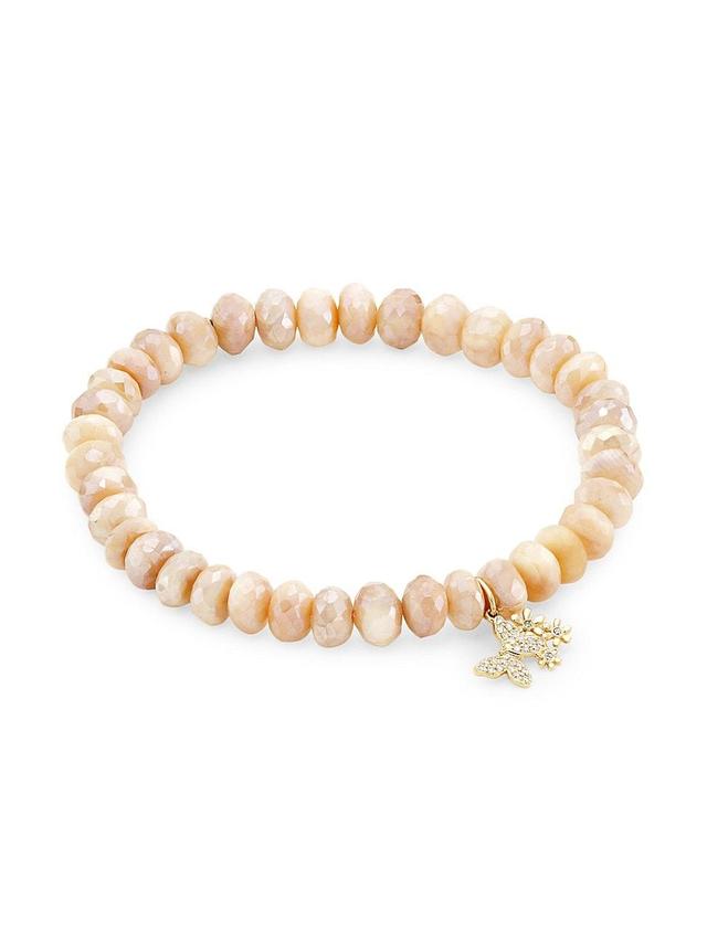 Womens 14K Yellow Gold, Mystic Sand Moonstone & 0.08 TCW Diamond Beaded Stretch Bracelet Product Image