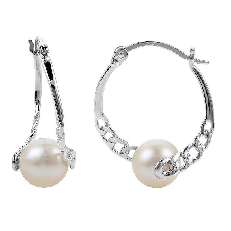 PearLustre by Imperial Sterling Silver Freshwater Cultured Pearl Silver Cast Chain Link Hoop Earrings, Womens Product Image