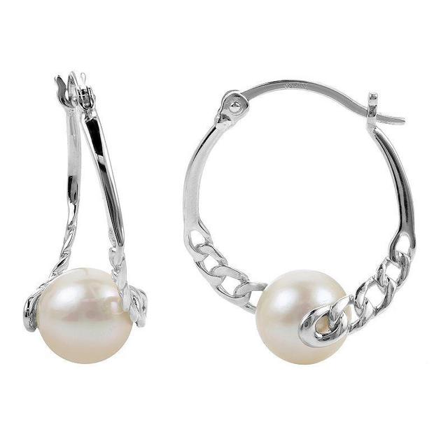 PearLustre by Imperial Sterling Silver Freshwater Cultured Pearl Silver Cast Chain Link Hoop Earrings, Womens, White Product Image