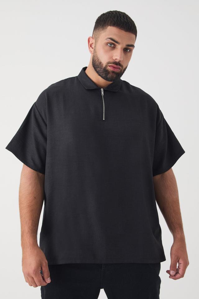 Plus Zip Up Linen Polo In Black | boohooMAN USA Product Image