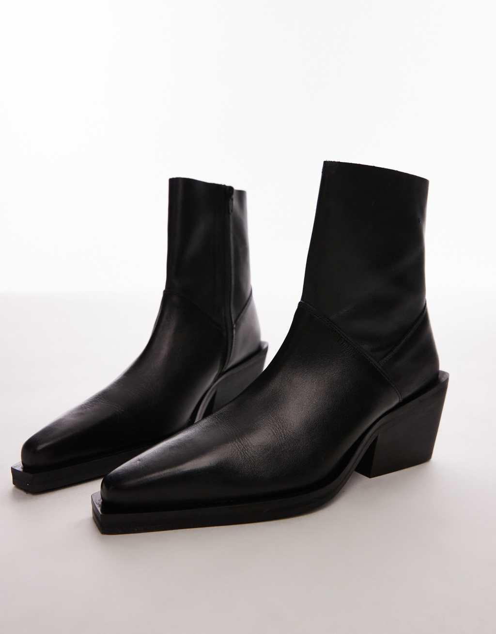 Topshop Maddy leather western boots in black Product Image