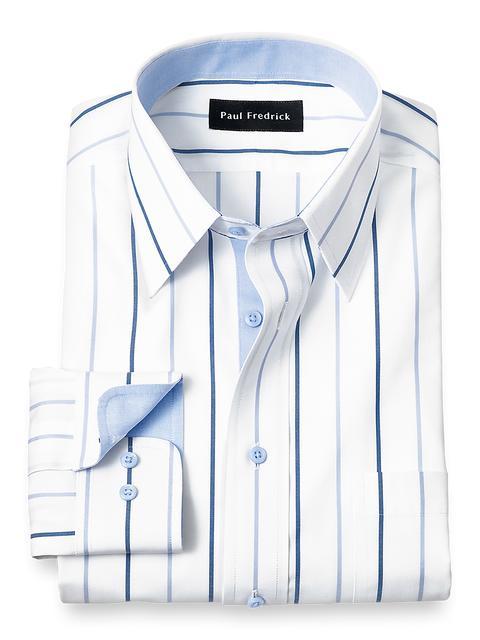 Non-Iron Cotton Stripe Dress Shirt With Contrast Trim - Blue Product Image