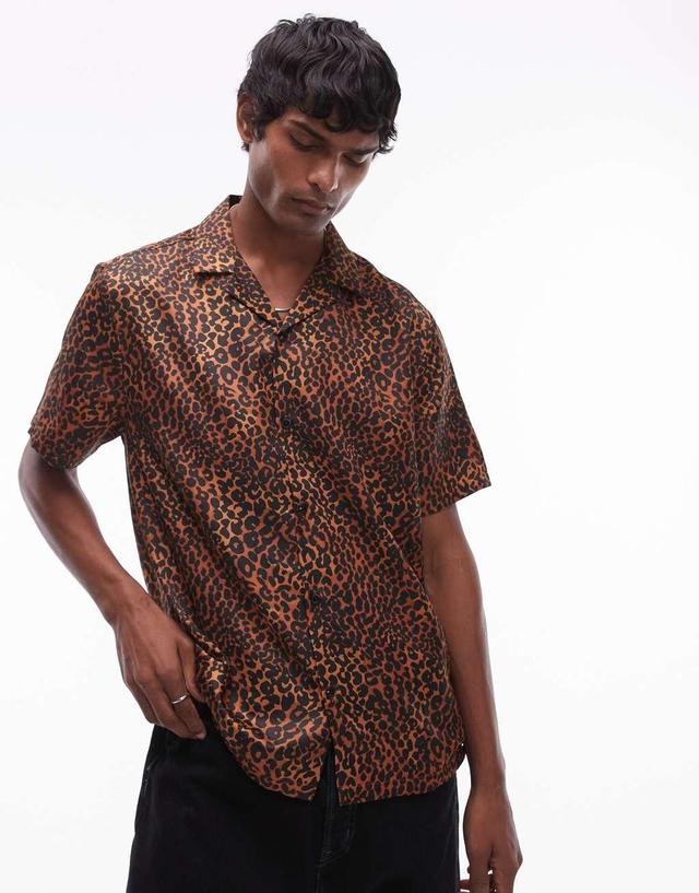 Topman short sleeve leopard print shirt in brown Product Image