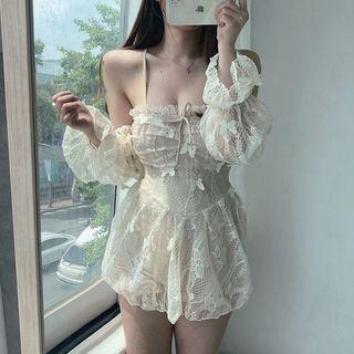 Long-Sleeve Cold Shoulder Butterfly Applique Lace Swimsuit Product Image