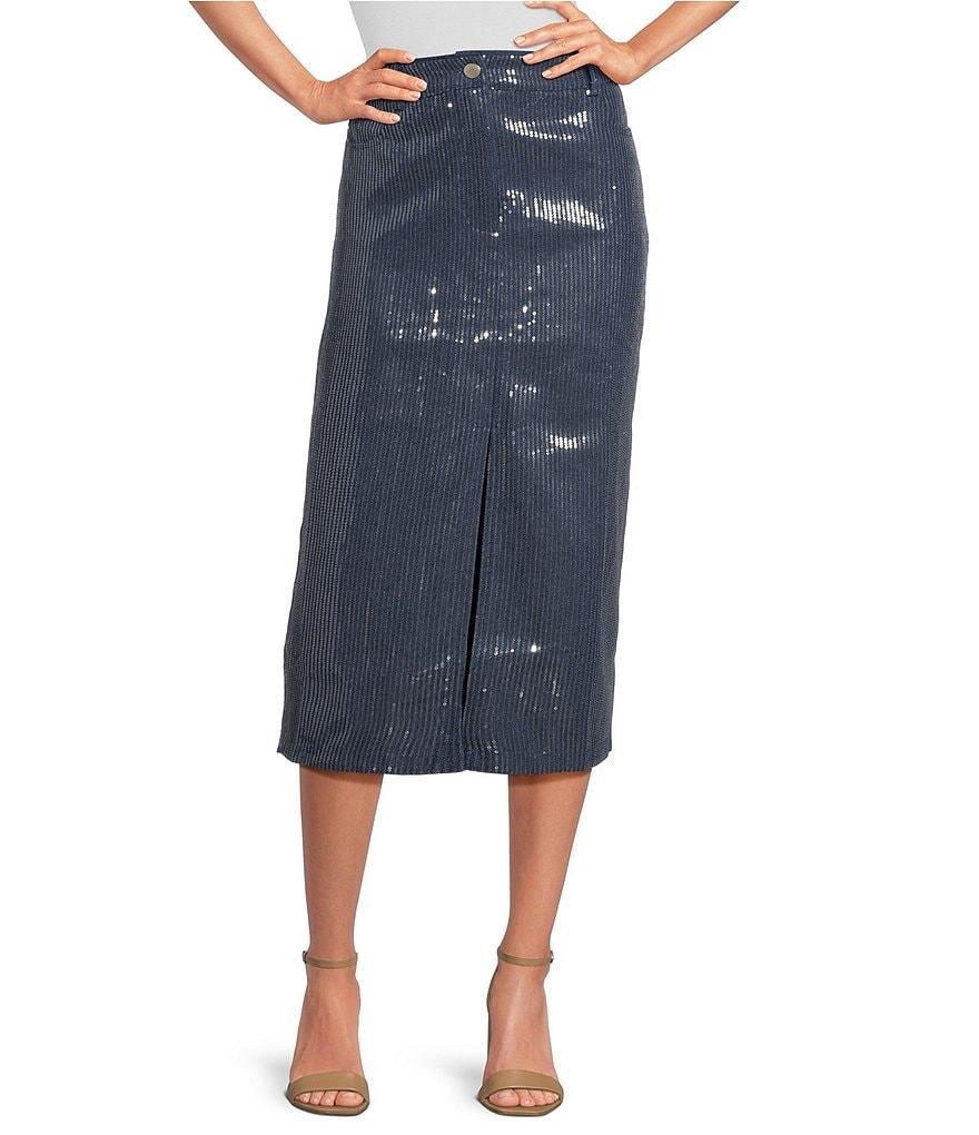 Skies Are Blue Denim Sequin Midi Skirt Product Image