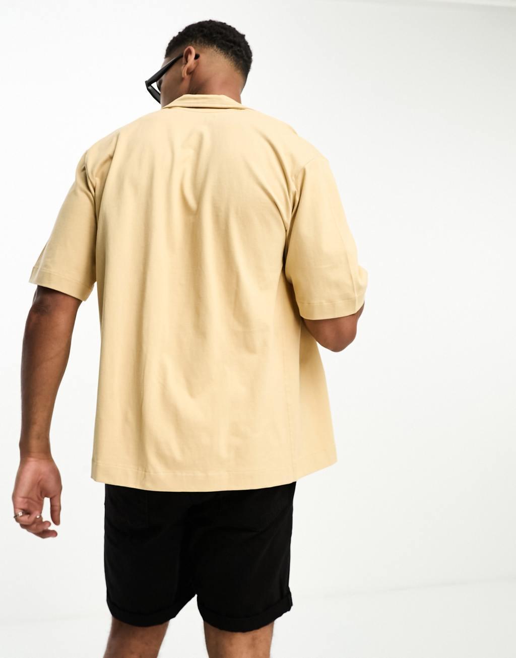 Jack & Jones Premium oversized heavy weight jersey camp collar shirt in beige Product Image