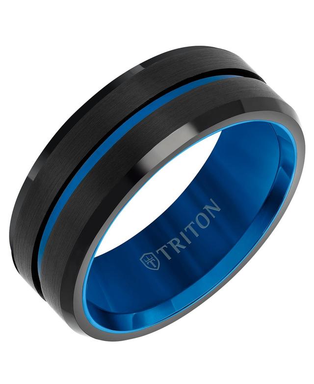 Triton Mens Brushed Finish Wedding Band in Black & Blue Tungsten Carbide Product Image