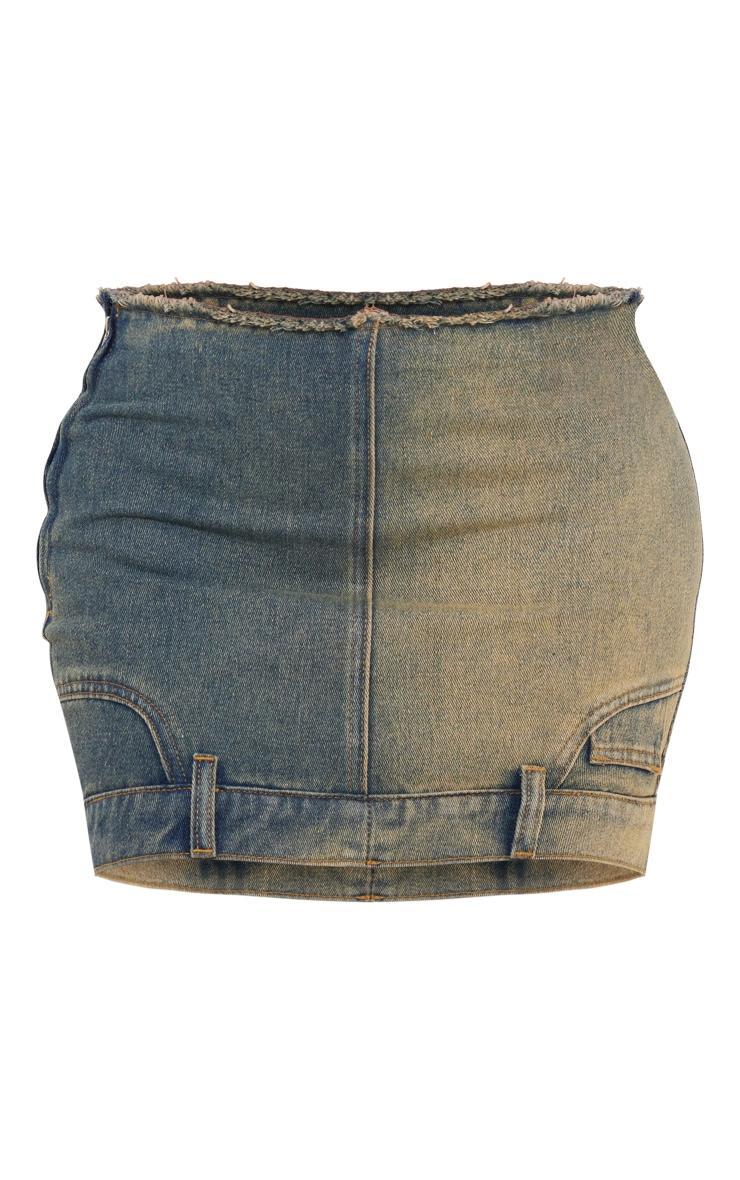 Indigo Vintage Wash Raw Hem Star Embroidery Denim Mini Skirt Product Image