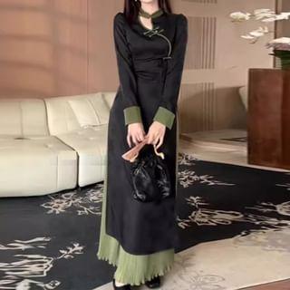 Set: Long Sleeve Mandarin Collar Two Tone Cutout Slit Midi Sheath Dress + High Rise Plain Midi A-Line Skirt Product Image