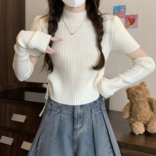 Set: Short-Sleeve Mock Neck Plain Drawstring Crop Knit Top + Long Gloves Product Image