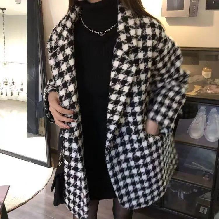 Lapel Collar Houndstooth Double-Breasted Coat Product Image