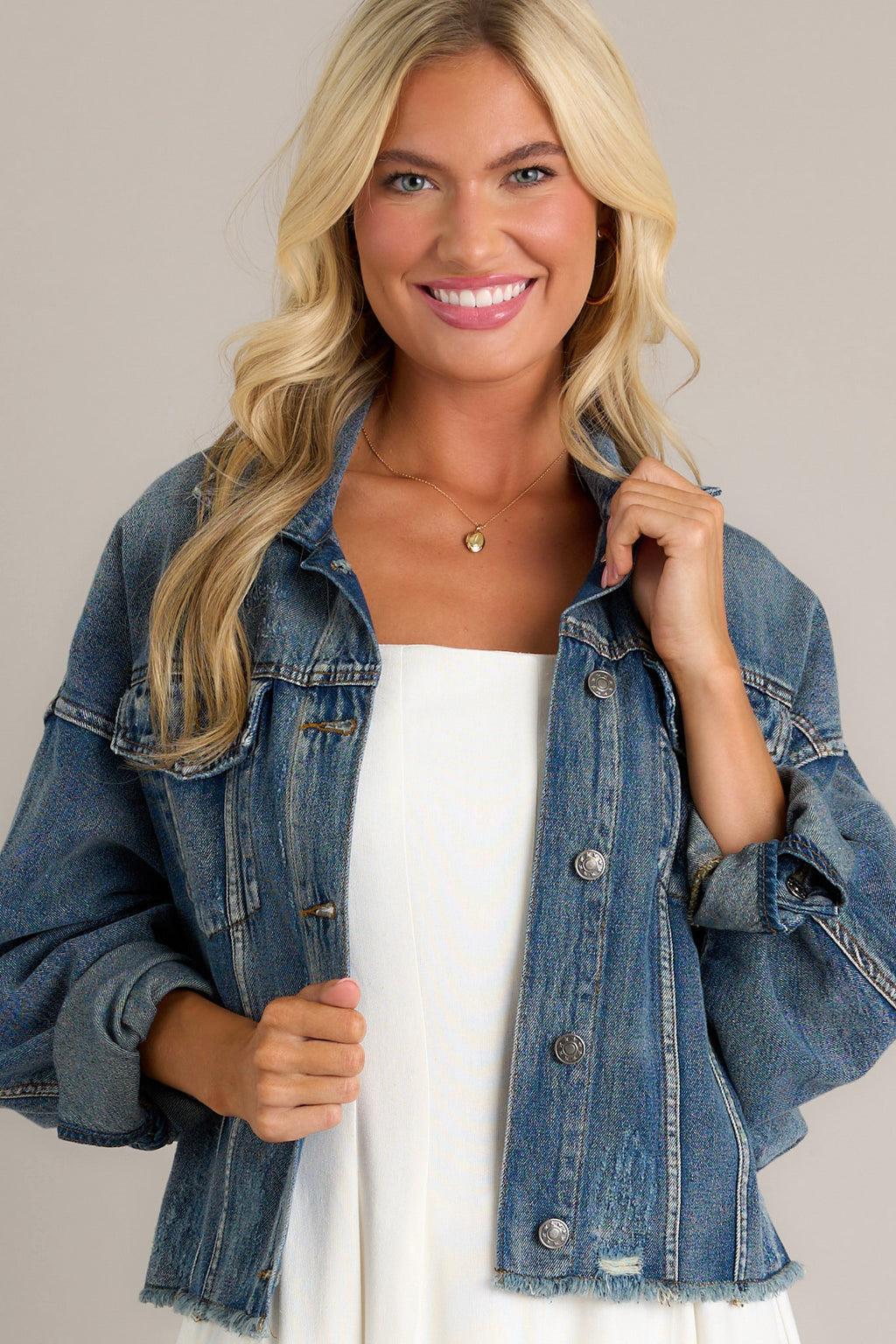 All The Buzz Distressed Dark Wash Denim Jacket Product Image