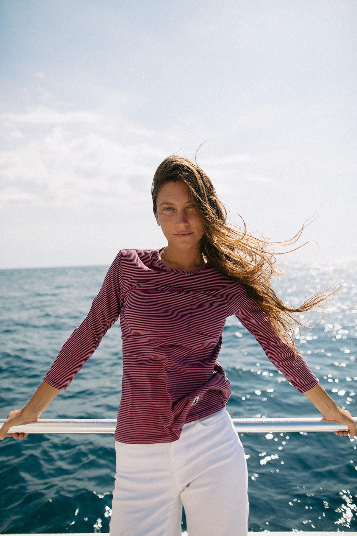 Women's Fine Stripe Crewneck Tee in Cranberry/Navy Product Image