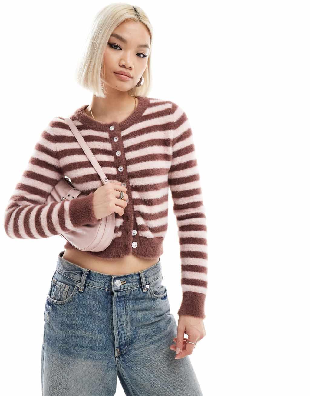 Daisy Street micro button up knit cardigan in pink brown stripe Product Image