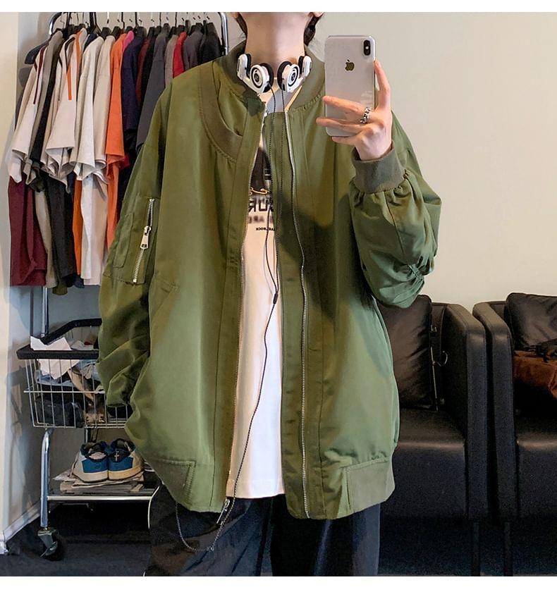 Plain Zip Bomber Jacket Product Image