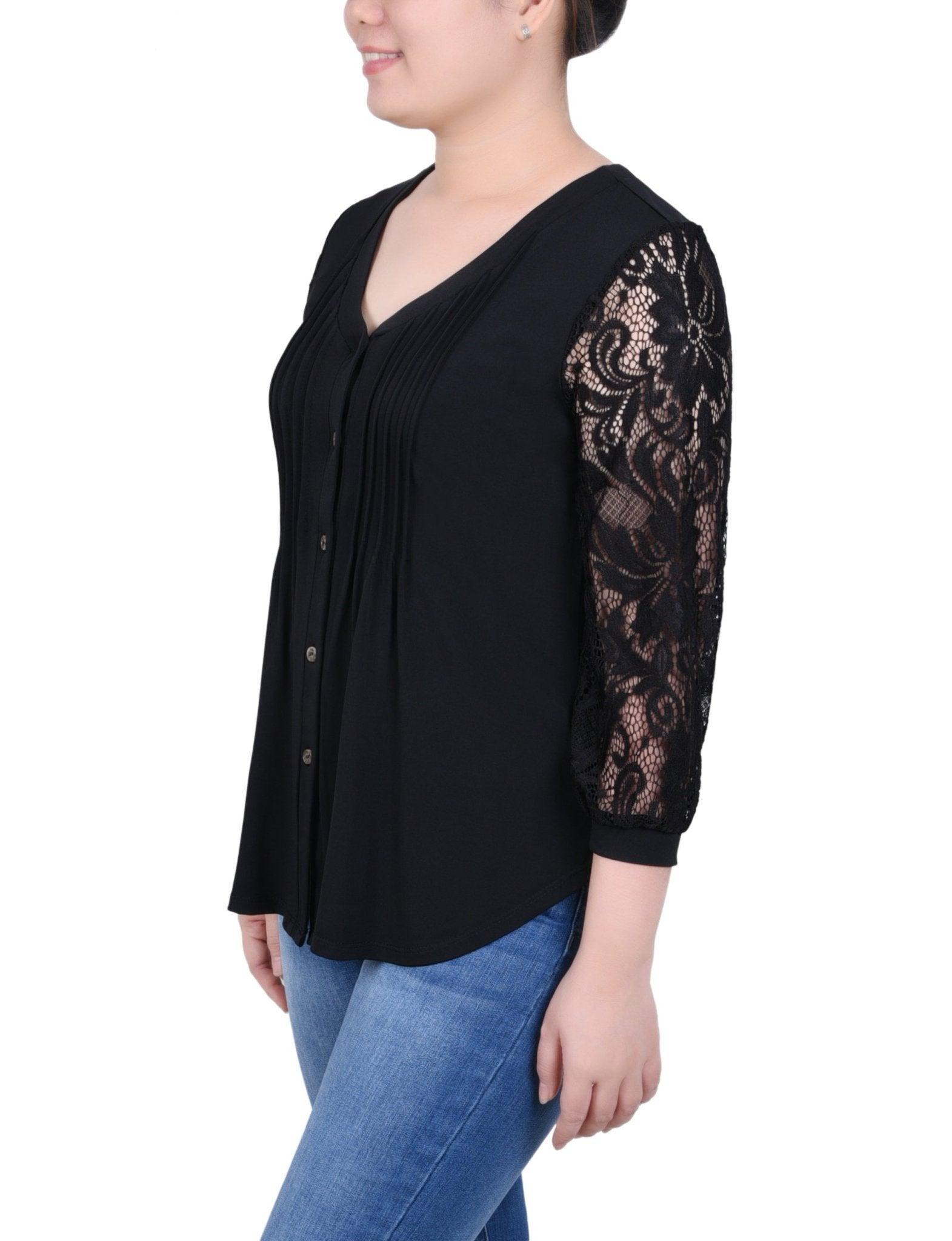 Lace-Sleeve V Neck Top - Petite Product Image