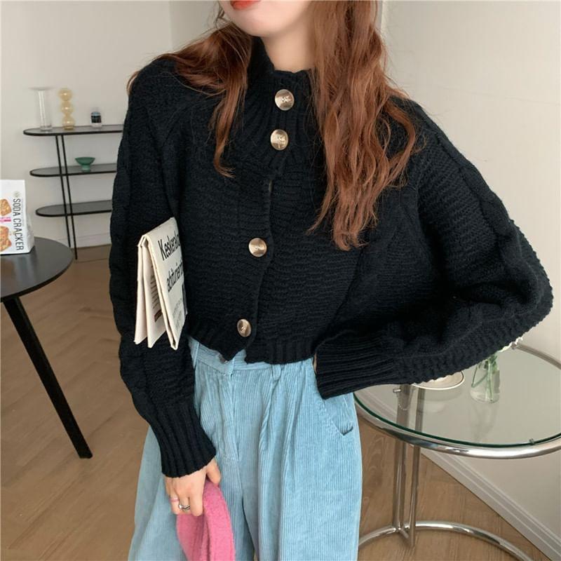 Plain Cropped Cable-Knit Cardigan Product Image