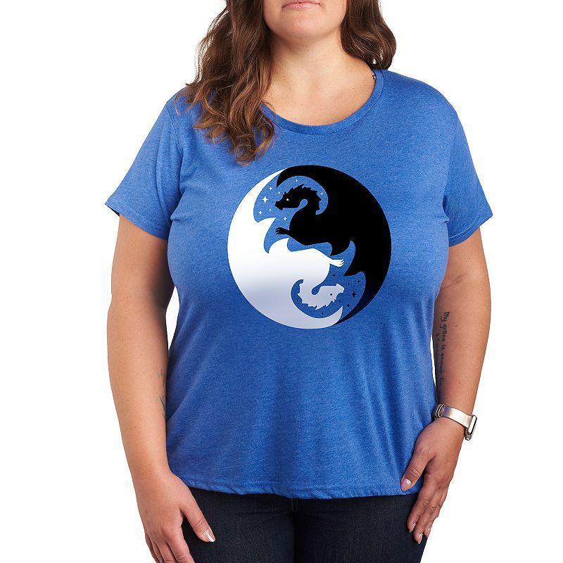 Plus Yin Yang Dragons Graphic Tee, Womens Grey Royal Blue Product Image