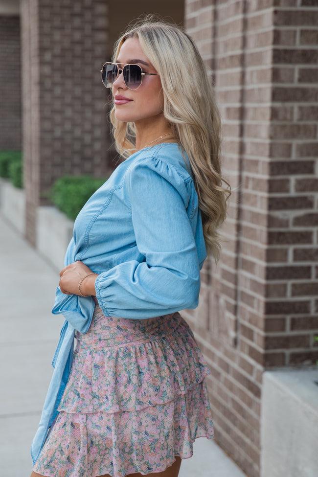 Per Diem Light Wash Chambray Wrap Blouse Product Image