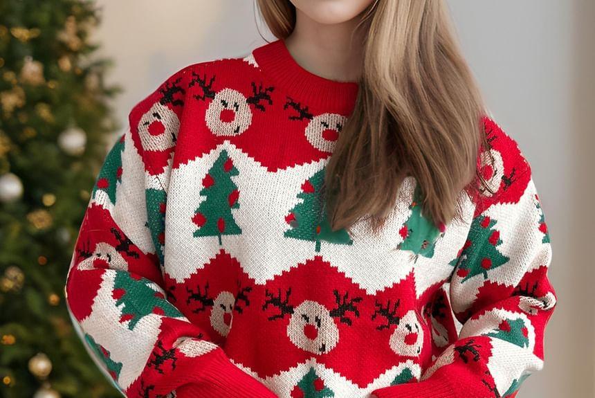 Crew Neck Christmas Deer Print Sweater Product Image