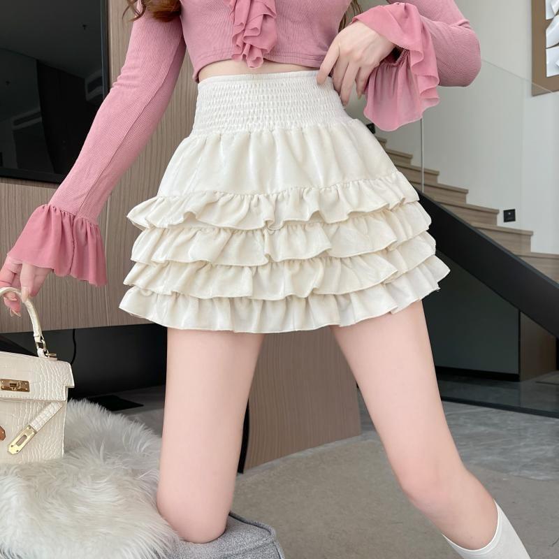 High Waist Plain Ruffle Mini A-Line Skirt Product Image