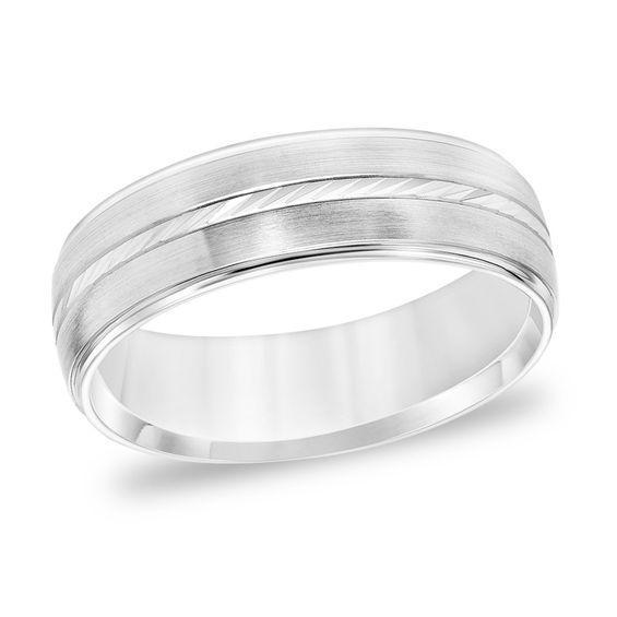 Men's 6.0mm Comfort-Fit Swiss-Cut Etched Center Brushed Wedding Band in 14K White Gold Product Image