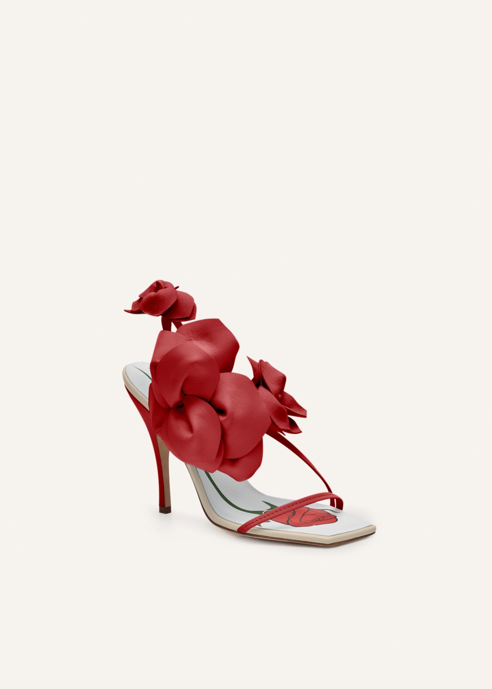 Rose appliqué leather sandals in cream and red Product Image