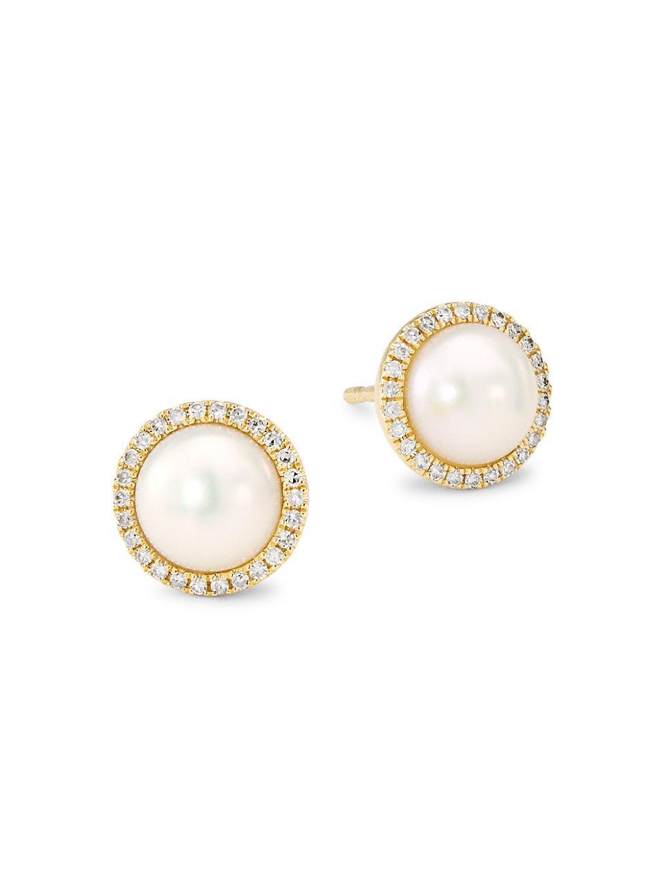 Womens 14K Yellow Gold, Cultured Freshwater Pearl & 0.16 TCW Diamond Halo Stud Earrings Product Image