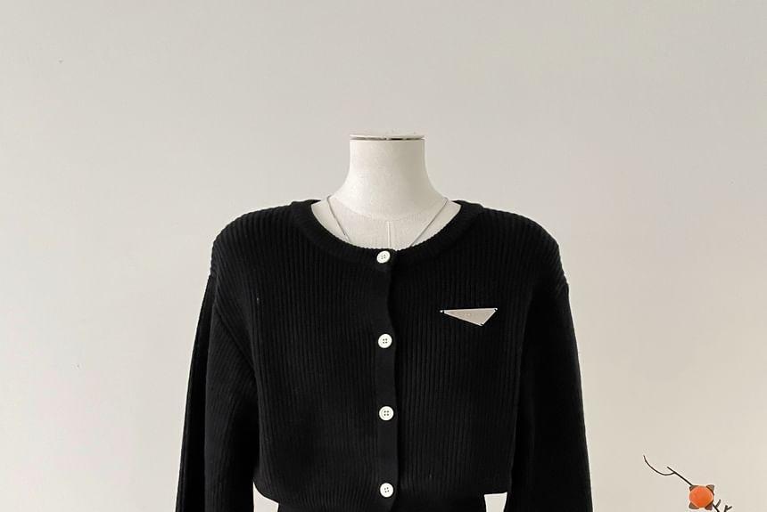 Round Neck Plain Ribbed Cardigan Product Image