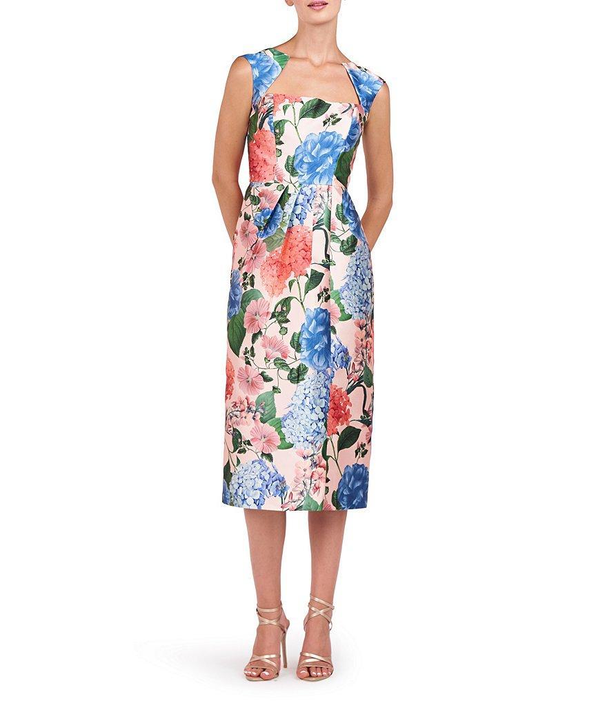 Kay Unger Floral Mikado Square Neckline Cap Sleeve Midi Dress Product Image