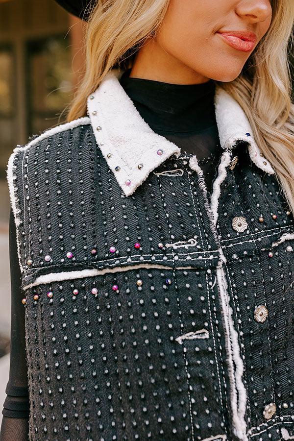 Denver Dreams Pearl Embellished Denim Vest in Black Product Image