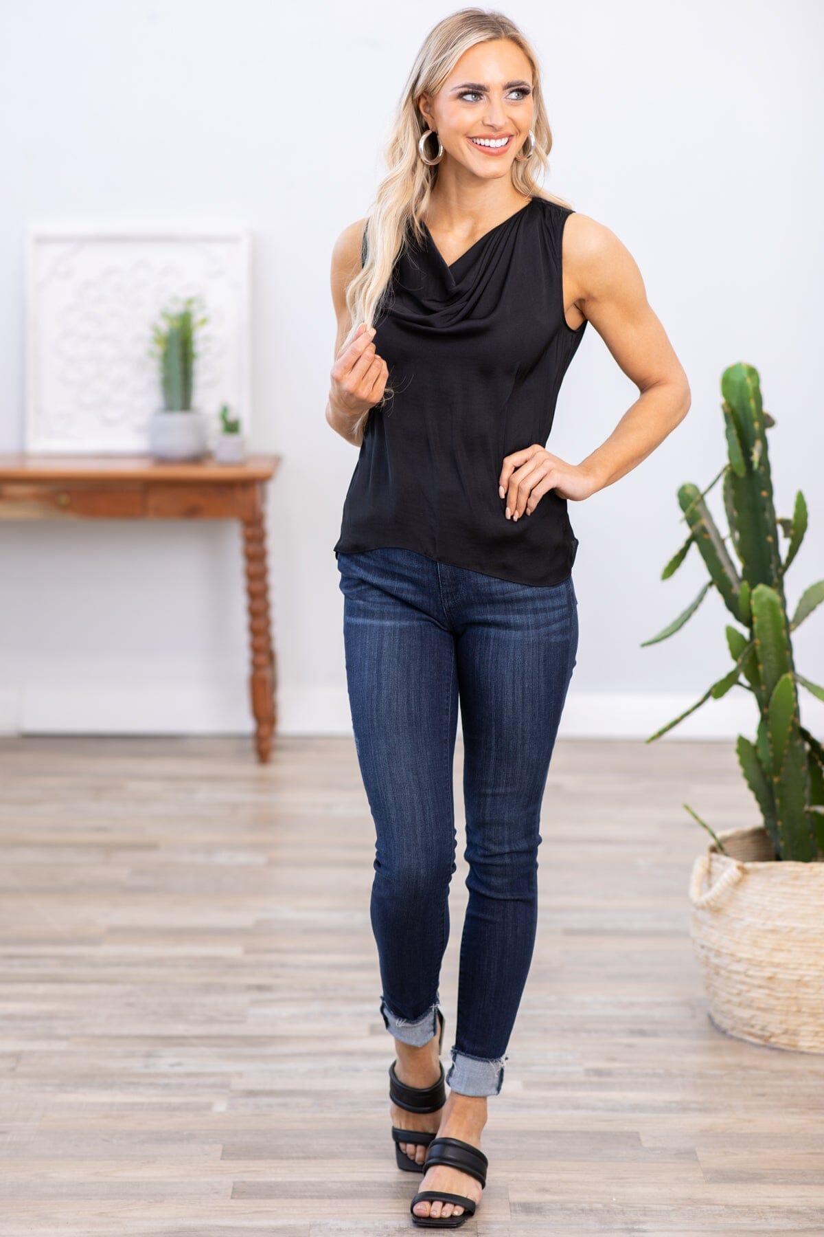 Black Drape Neck Textured Tank Product Image