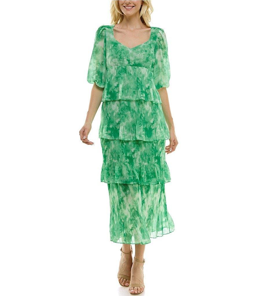 Taylor Printed Chiffon Sweetheart Neckline 3/4 Sleeve Tiered Gown Product Image