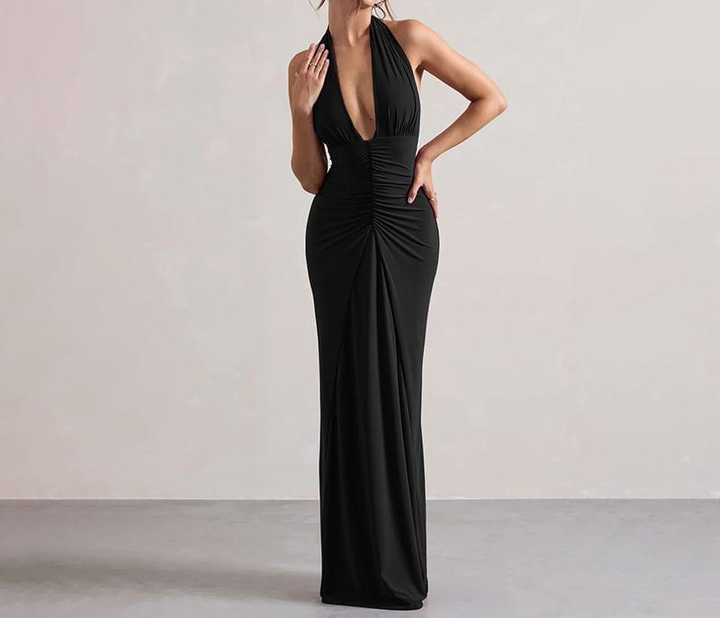 Halter Plain Ruched Maxi Sheath Dress Product Image