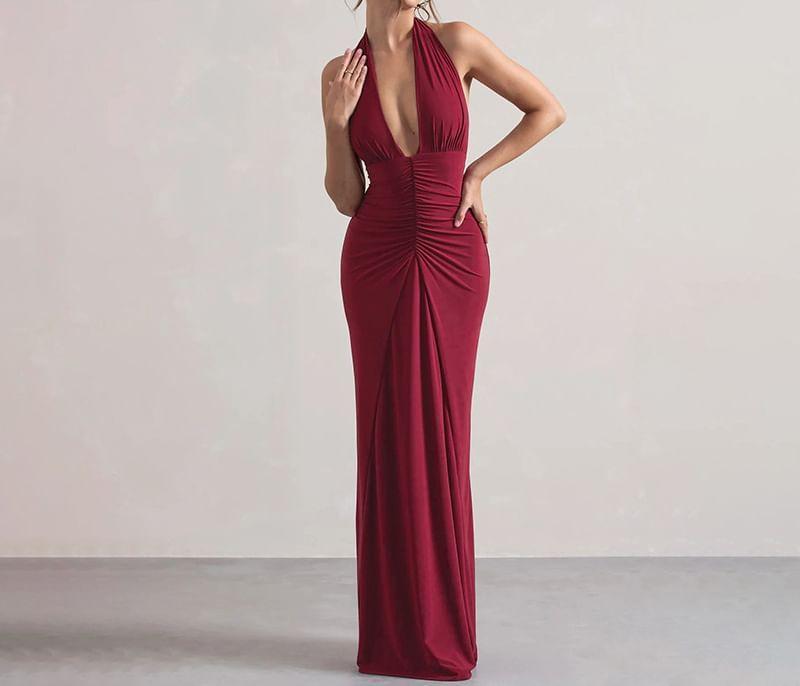 Halter Plain Ruched Maxi Sheath Dress Product Image