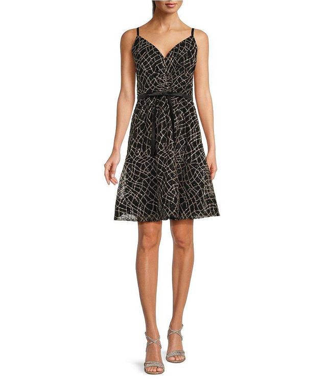 Calvin Klein Sleeveless V-Neck Sequin Mesh Short A-Line Dress Product Image