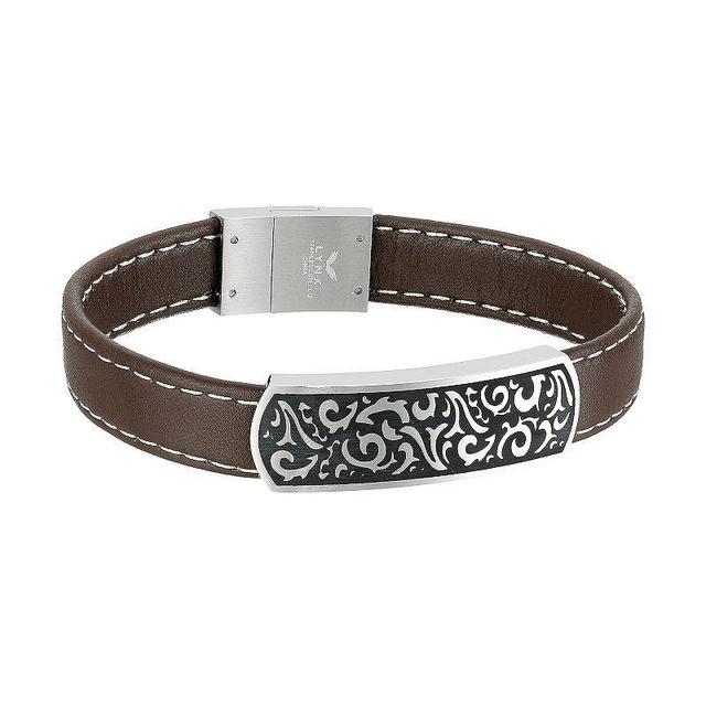 Mens LYNX Stainless Steel Brown Leather Bracelet Two Tone Product Image