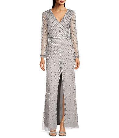 Aidan Mattox Sequined V-Neck Long Illusion Sleeve Front Slit Gown Product Image