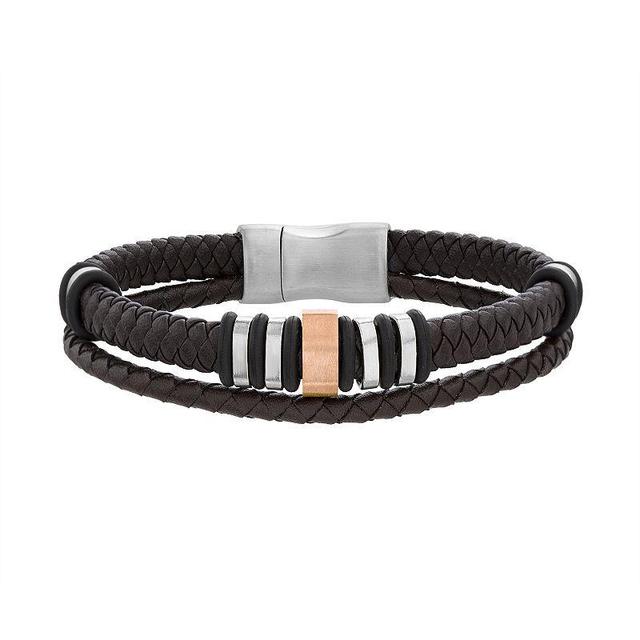 1913 Mens Tri-Tone Vegan Leather & Stainless Steel Double Strand Bracelet Product Image