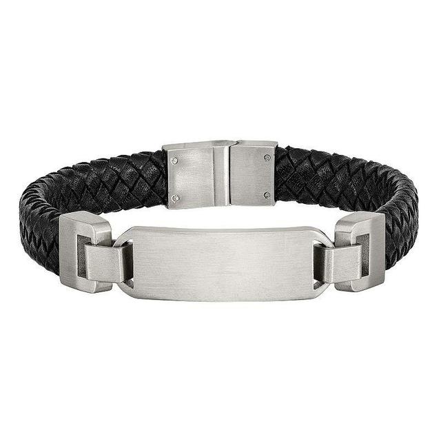 Mens Stainless Steel Black Leather ID Bracelet Product Image