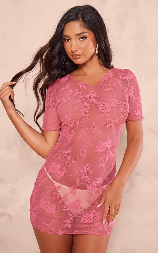 Petite Bright Pink Mesh Printed Mini Dress Product Image