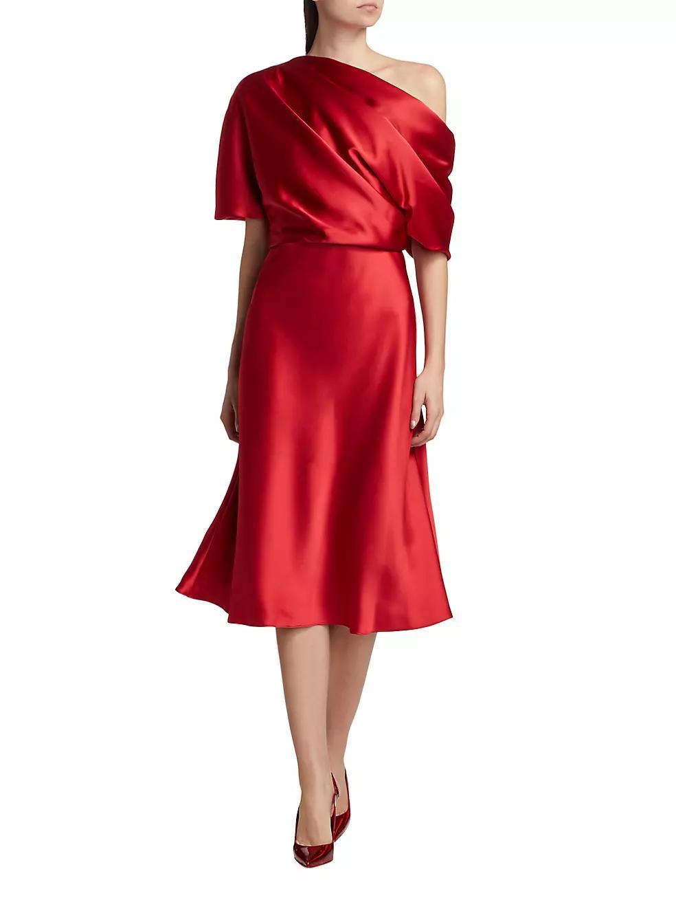 Draped Satin One-Shoulder Midi-Dress Product Image